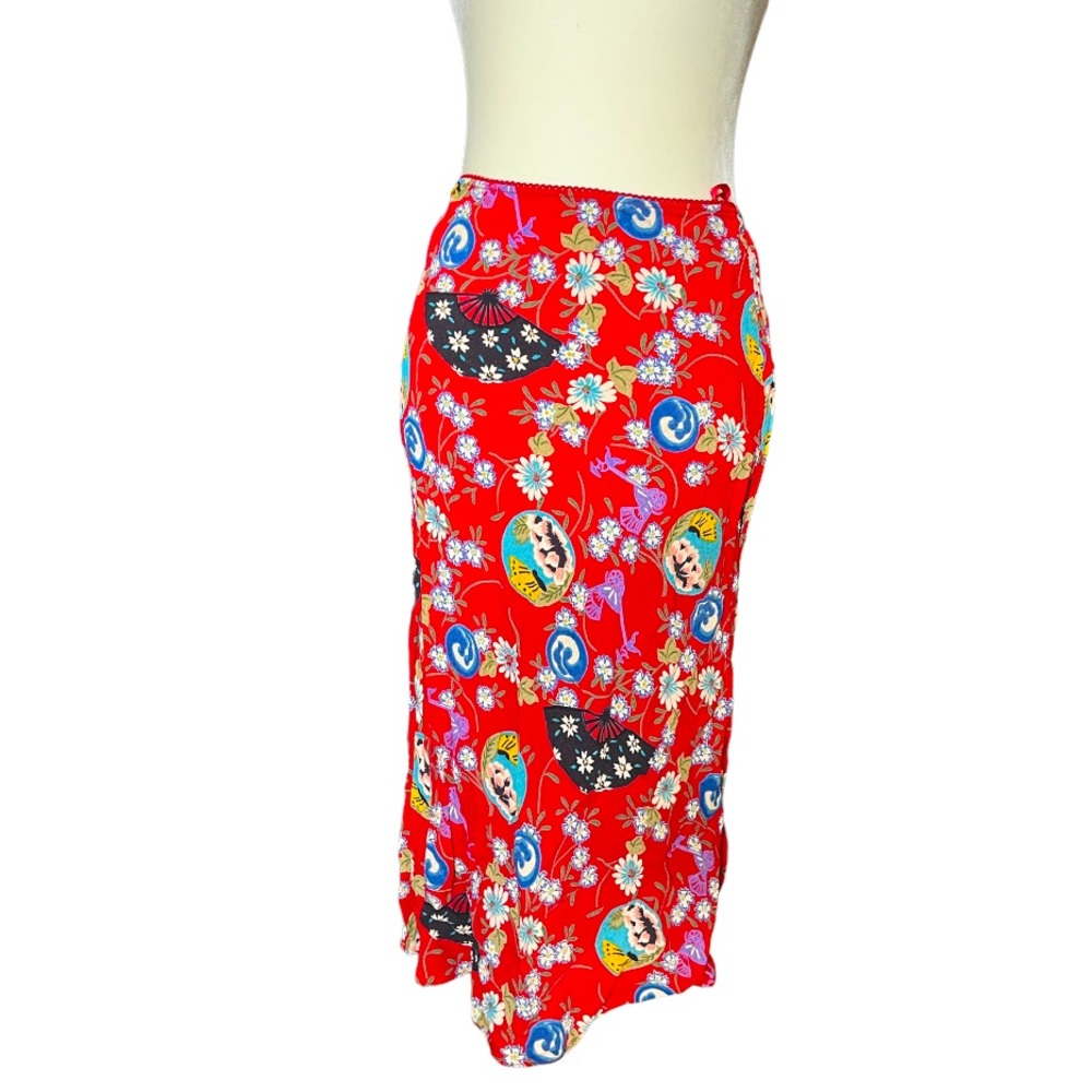 Angie Red Floral Rayon Boho Midi Skirt or Tube Dress Side Slits Elastic Waist S